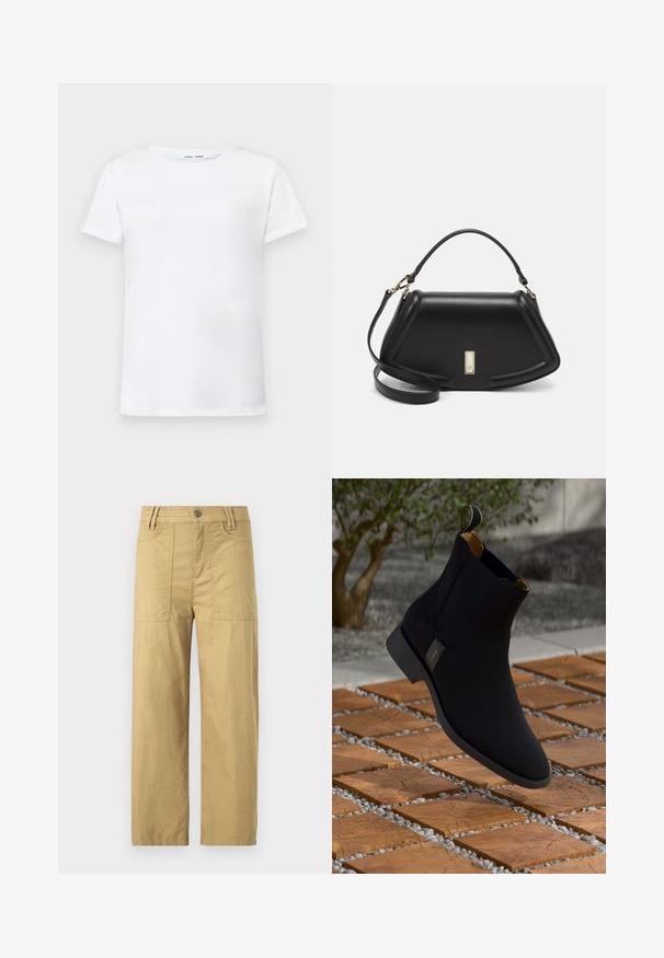 Camiseta blanca de manga corta hecha de algodón con diseño de cuello redondo. Textura suave y corte recto, sin patrones ni acentos.; Pantalones cargo de algodón beige con una cintura alta, dos bolsillos frontales y un corte relajado. Presentan un cierre con gancho y cremallera en la parte delantera.; Botín de cuero negro hasta el tobillo con un acabado suave, forro interior amarillo y una lengüeta; colocado sobre una superficie de madera texturizada y grava.; Bolso de mano de cuero negro con un diseño estructurado, que presenta una forma recortada, asa superior y acentos en dorado. Correa de hombro ajustable incluida.