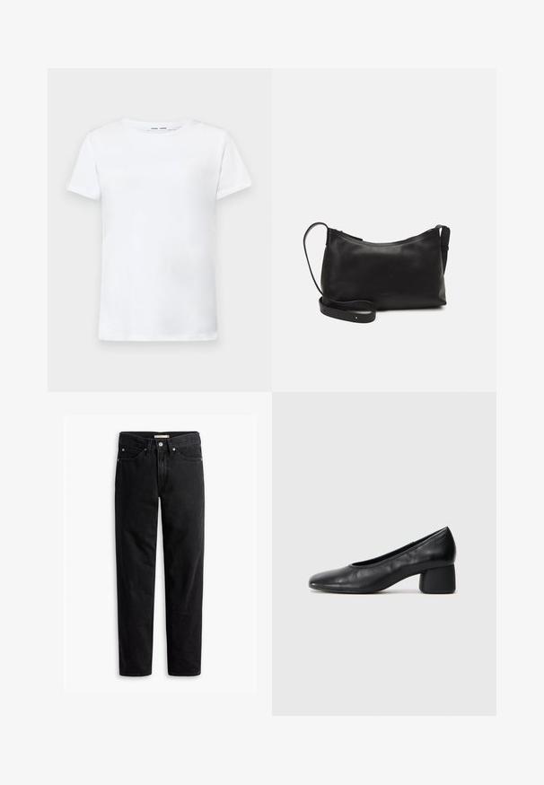 White short-sleeve t-shirt made of cotton with a crew neck design. Smooth texture and straight cut, no patterns or accents.; Black straight-leg jeans with button and zipper closure, belt loops, and front and back pockets, displayed flat on white background.; Black leather pump with a rounded toe and mid-block heel. Smooth texture with minimal detailing, featuring a subtle elastic opening.; Black leather shoulder bag with a smooth texture, curved shape, adjustable strap, and a zip closure. Minimalist design without embellishments.