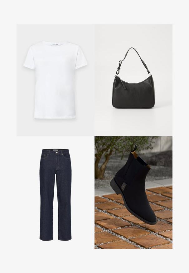 Fehér, rövid ujjú póló, pamutból készült, kerek nyakkivágással. Sima textúrájú, egyenes vonalú, minta vagy díszítés nélkül.; Gestuz SUMMER WIDE - Széles szárú - unwashed denim; Fekete bőr bokacsizma sima felülettel, sárga bélés és húzófül; egy texturált fa és kavicsos háttéren.; Fekete bőrtáska ívelt formával, egyetlen pánttal, cipzáras záródással és diszkrét logóval az elején. Simább textúra, minimalista dizájn.