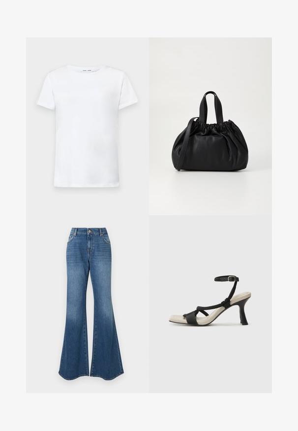Hvid kortærmet t-shirt lavet af bomuld med rund hals. Glat tekstur og lige snit, ingen mønstre eller detaljer.; Blå flagrende jeans i klassisk denimmateriale, høj talje og subtil falming med en bred ankelåbning, ingen synlige udsmykninger.; Sorte hælede sandal med flettet remdesign, firkantet tå og justerbar ankelrem. Lys beige fodseng med en blank sort hæl.; Sort læderhåndtaske med en samlet topdesign, der har to korte håndtag og en lang justerbar rem. Glat overflade, rund form.