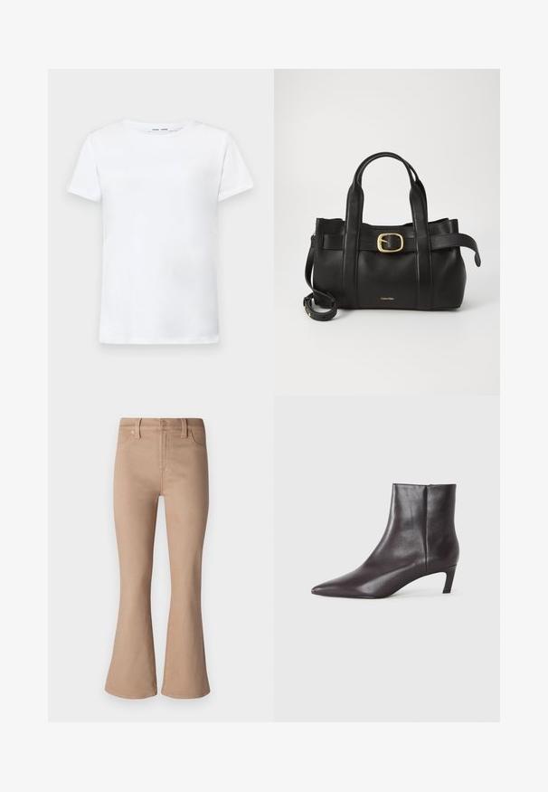White short-sleeve t-shirt made of cotton with a crew neck design. Smooth texture and straight cut, no patterns or accents.; Beige flared jeans made from denim, featuring a smooth texture, front pockets, a zip fly, and gold-tone button and rivet accents.; Black leather ankle boot with pointed toe and low kitten heel, smooth finish, side zipper, shown on a neutral background.; Black leather handbag featuring a structured design, dual top handles, gold-tone buckle accent, and embossed brand logo at the front.