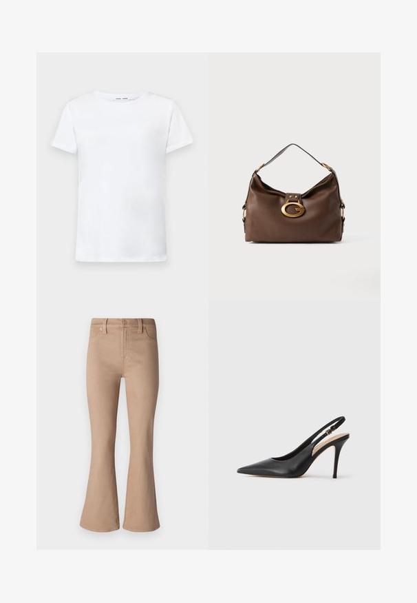 Bela kratka majica s kratkimi rokavi iz bombaža z obliko okroglega izreza. Gladka struktura in raven kroj, brez vzorcev ali dodatkov.; Bežne razširjene jeans hlače iz denima, z gladko teksturo, sprednjimi žepi, zadrgo ter okrasnimi gumbom in nitmi v zlatem odtenku.; Črne usnjene sandale s peto s konicami, gladko teksturo in nežnim trakom z kovinsko zaponko.; Rjavo usnjeno ročna torbica z teksturirano površino, ki ima zlato toniran zaklep in en sam, ukrivljen naramnico.