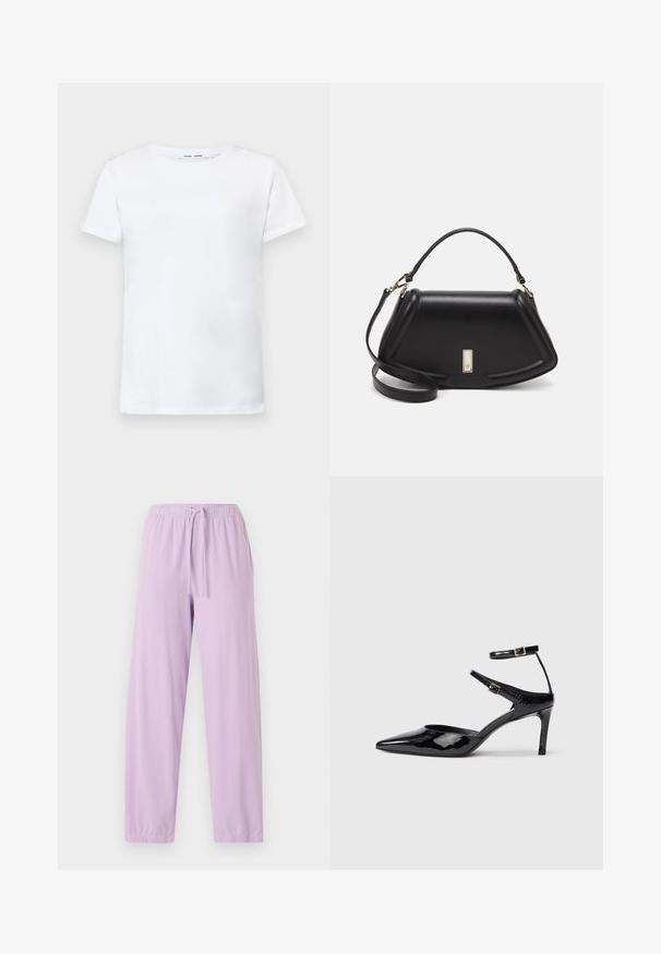 Camiseta blanca de manga corta hecha de algodón con diseño de cuello redondo. Textura suave y corte recto, sin patrones ni acentos.; Pantalones jogger de color púrpura claro, hechos de una tela suave, con cinturilla elástica y cordón ajustable; diseño de pierna ajustada.; Tacones de charol negros con puntera puntiaguda, correas ajustables en el tobillo y un tacón delgado. Textura suave con un acabado brillante.; Bolso de mano de cuero negro con un diseño estructurado, que presenta una forma recortada, asa superior y acentos en dorado. Correa de hombro ajustable incluida.