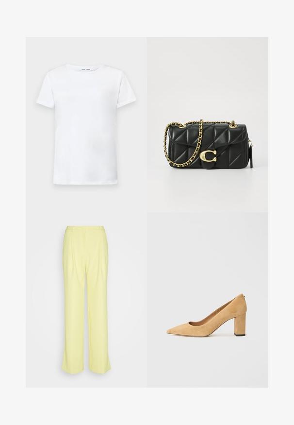 White short-sleeve t-shirt made of cotton with a crew neck design. Smooth texture and straight cut, no patterns or accents.; Yellow wide-leg trousers made of soft fabric with a smooth texture, featuring a high waist, pleats, and a clean, minimalist design.; Beige suede high-heeled pump with a pointed toe and a chunky block heel. The material has a soft texture with a smooth finish.; Black quilted leather handbag with a gold chain strap and a toggle clasp featuring a circular accent. Compact rectangular shape.