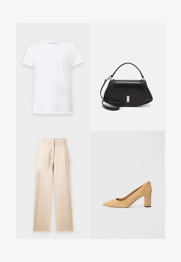 T-shirt bianca a maniche corte in cotone con design a girocollo. Tessuto liscio e taglio dritto, senza motivi o accenti.; Pantaloni beige realizzati in tessuto liscio. Presentano una vestibilità dritta, cintura piatta e due pieghe. Nessun motivo visibile o accessori metallici.; Pump beige in suede con tacco alto, punta affilata e tacco a blocco massiccio. Il materiale ha una consistenza morbida con una finitura liscia.; Borsa a mano in pelle nera con un design strutturato, caratterizzata da una forma corta, manico superiore e accessori in metallo dorato. Inclusa tracolla regolabile.