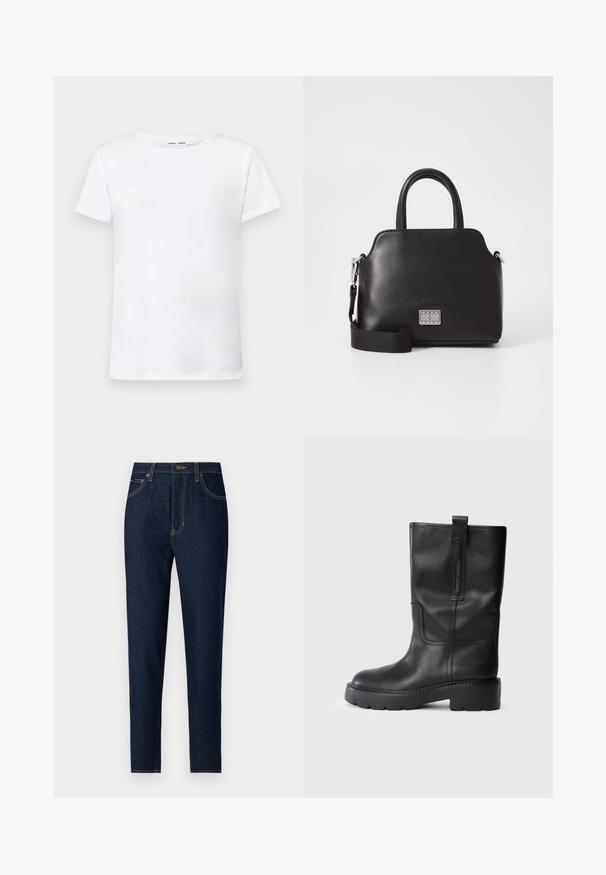 Tricou alb cu mâneci scurte, fabricat din bumbac, cu design de guler rotund. Textură netedă și croială dreaptă, fără modele sau accente.; Jeans din denim închis, cu un design cu picior drept. Prezentă buzunare frontale, buzunare pe spate și cusături contrastante galbene. Închidere clasică cu nasture.; Cizme din piele neagră, până la genunchi, cu un design elegant, având o talpă groasă și un mâner lateral pentru o purtare ușoară. Accente notabile de cusătură.; Geantă sintetică neagră cu mânere superioare, curea de umăr detașabilă, formă rotundă, textură netedă și accent cu logo argintiu pe față.