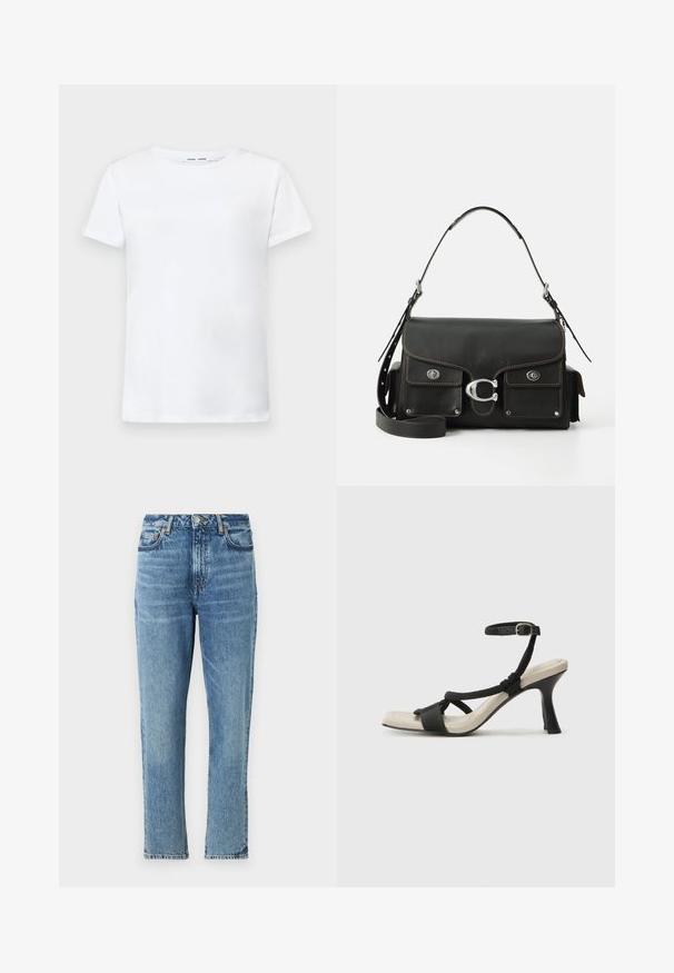 Balta trumpa medvilninė marškinėlių su apvalia iškirpte. Lygus paviršius ir tiesus kirpimas, be raštų ar akcentų.; Šviesiai mėlynos džinsinės kelnes su aukštu liemeniu, tiesiomis kojomis ir išblukusia tekstūra. Pafektyvuotos sidabriniais aksesuarais ir kontrastingomis siūlėmis.; Juodų aukštakulnių sandalų su pintu dirželiu dizainas, kvadratine nosimi ir reguliuojamu kulkšnies dirželiu. Šviesiai bežė padas su blizgiu juodu kulnu.; Juoda odinė rankinė su užtrauktuku, sidabriniais elementais, dviem priekiniais kišenėmis, kontrastingomis siūlėmis ir nuimamu peties diržu.