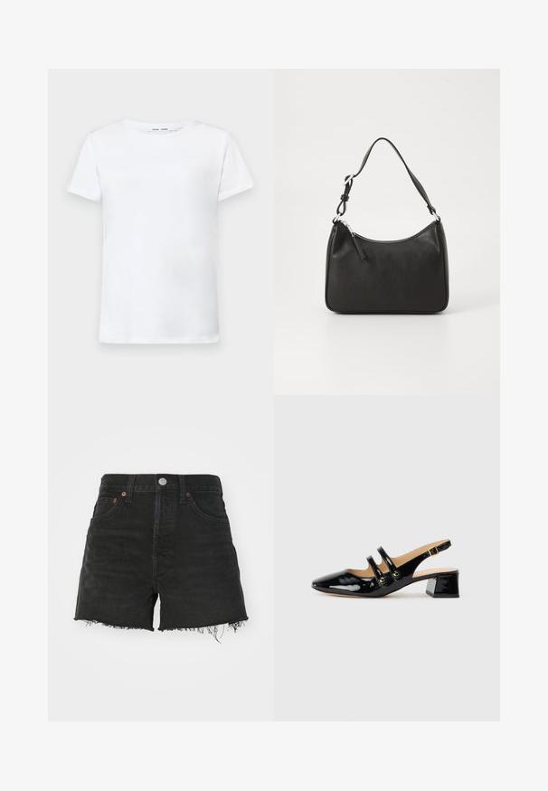 Valkoinen lyhythihainen t-paita, joka on valmistettu puuvillasta ja jossa on pyöreä kaula-aukko. Tasainen pinta ja suora leikkaus, ilman kuvioita tai koristeita.; Mustat denimpikkushortsit korkealla vyötäröllä, purjerenkailla ja kuparinvärisillä niiteillä. Sisältää klassisen viiden taskun muotoilun ja nappisulun.; Musta lakattu slingback-kengät teräväkärkisellä muotoilulla, kahdella hihnalla, kultaisilla pyöreillä yksityiskohdilla ja matalalla paksupohjalla.; Mustat nahkakäsilaukku, jossa on kaareva muoto, yksi hihna, vetoketjukiinnitys ja hienovarainen brändäys etuosassa. Sujuva pinta, minimalistinen muotoilu.