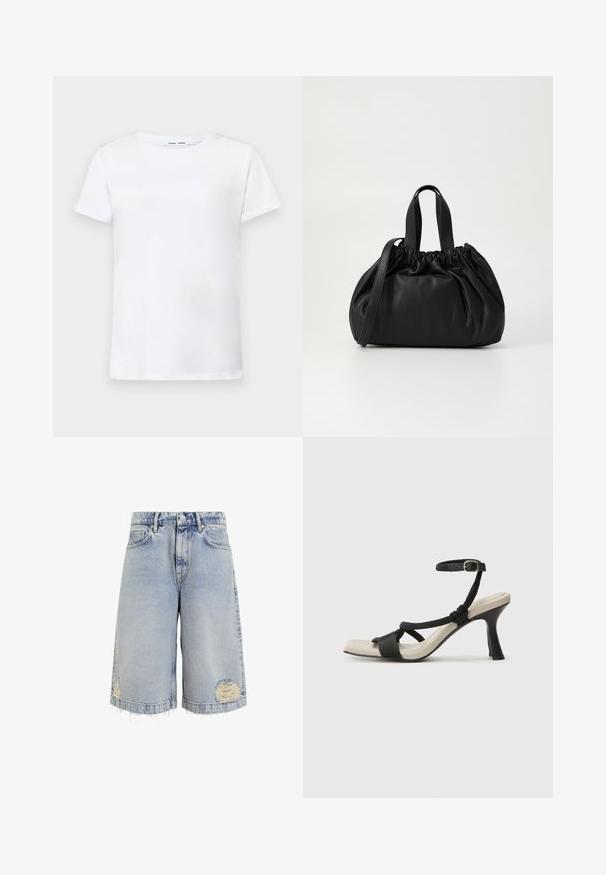 Vit kortärmad t-shirt i bomull med rundad halsringning. Slät textur och rak skärning, utan mönster eller detaljer.; Ljusblå denimshorts med en vid skärning, fransad fåll och slitna områden med synliga sömmar. Klassisk femficksdesign.; Svart klacksandaler med flätad remdesign, fyrkantig tå och justerbar vristrem. Ljusbeige fotbädd med glansig svart klack.; Svart läderhandväska med en samlad toppdesign, som har två korta handtag och ett långt justerbart axelband. Slät textur, rund form.