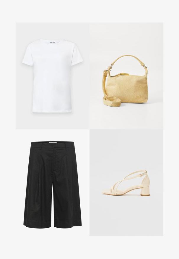 Vit kortärmad t-shirt i bomull med rundad halsringning. Slät textur och rak skärning, utan mönster eller detaljer.; Svarta byxor med en löst, vida design, plisserad framsida och slät textur. Tillverkade av lättviktsmaterial. Sitter vid midjan.; Beige klacksandaler med blockklack, remdesign och justerbart ankelsnöre, tillverkade av slätt syntetmaterial med matt yta.; Gul fuskpäls-handväska med en slät yta, rund form, ett handtag och ett långt justerbart axelband. Har ett blixtlås på toppen.