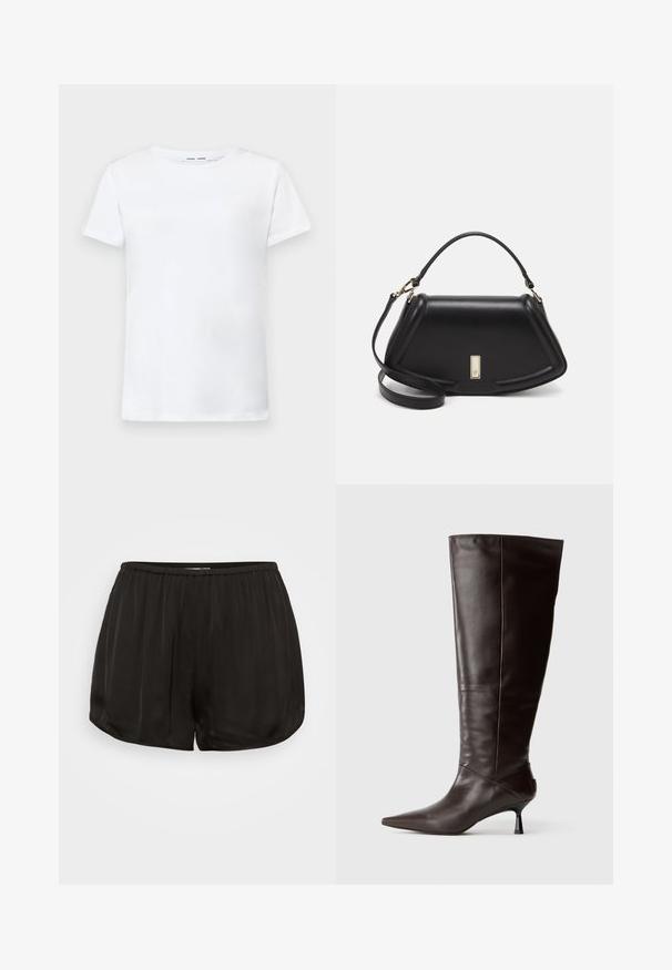 Weißes T-Shirt mit kurzen Ärmeln aus Baumwolle und Rundhalsausschnitt. Glatte Textur und gerader Schnitt, keine Muster oder Akzente.; Schwarze Satin-Shorts mit einem elastischen Bund, die ein plissiertes Design aufweisen. Die Kanten sind abgerundet für einen lockeren Sitz und eine glatte Textur.; Braune Lederstiefel bis zum Knie mit spitzem Zeh und schlanker Ferse. Glatte Textur und elegantes Design, mit einer minimalistischen Silhouette.; Schwarze Lederhandtasche mit einem strukturierten Design, das eine verkürzte Form, einen oberen Griff und goldfarbene Hardware-Details aufweist. Verstellbarer Schulterriemen ist enthalten.