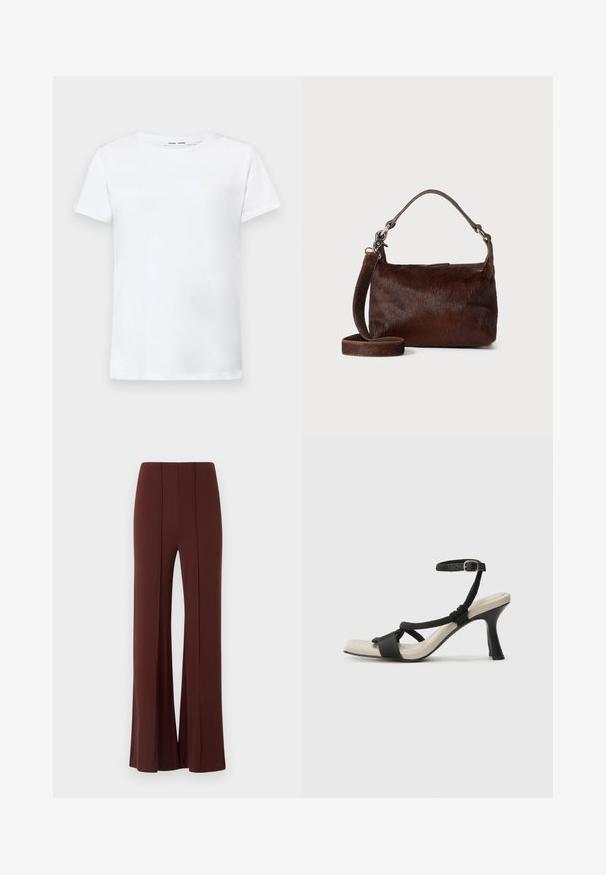 Weißes T-Shirt mit kurzen Ärmeln aus Baumwolle und Rundhalsausschnitt. Glatte Textur und gerader Schnitt, keine Muster oder Akzente.; Braune weit geschnittene Hose mit hoher Taille, aus einem glatten Stoff, der an der Vorderseite über vertikale Nähte und einen sauber verarbeiteten Saum verfügt.; Schwarze Absatzsandale mit geflochtenem Riemendesign, quadratischer Spitze und verstellbarem Knöchelriemen. Helle beigefarbene Sohle mit glänzendem schwarzen Absatz.; Braune Handtasche aus Leder mit einer weichen, strukturierten, fellartigen Außenseite, schlankem Design, einem kurzen Griff und einem abnehmbaren Schultergurt.