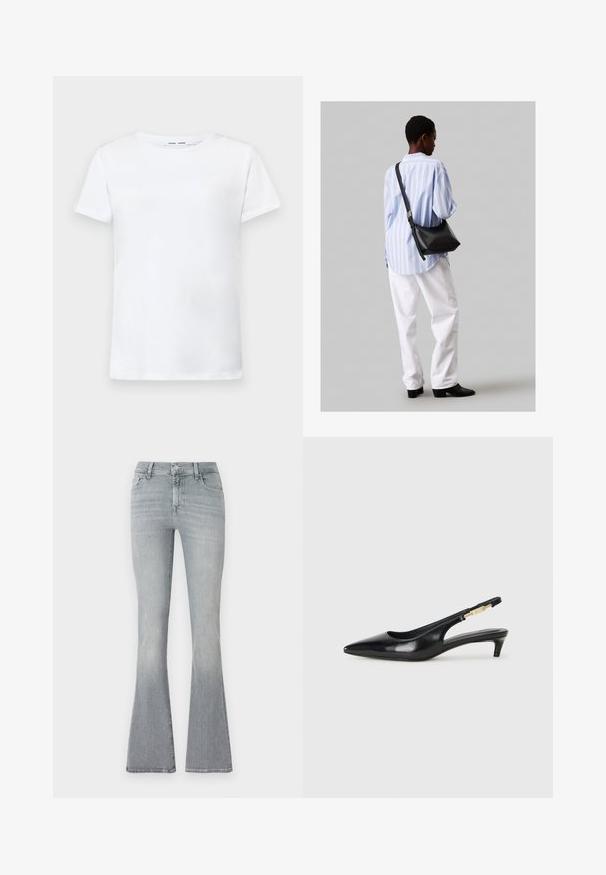 Biela tričko s krátkymi rukávmi vyrobené z bavlny s okrúhlym výstrihom. Hladká textura a rovný strih, bez vzorov alebo akcentov.; Rozšírené džínsy vo svetlo šedej denime. Vysoký pás, s jemným vyblednutím od hornej časti po lem. Klasický dizajn s piatimi vreckami a kovovým gombíkom na zapínanie.; Čierne kožené slingback opätky s špicatou špičkou, s úzkym opätkom a zlatým detailom na nastaviteľnom remienku. Hladká textúra.; Čierna kožená ramenná taška so mäkkou textúrou, trojuholníkovým tvarom a nastaviteľným popruhom, skombinovaná s svetlomodrou pruhovanou košeľou a bielymi nohavicami.
