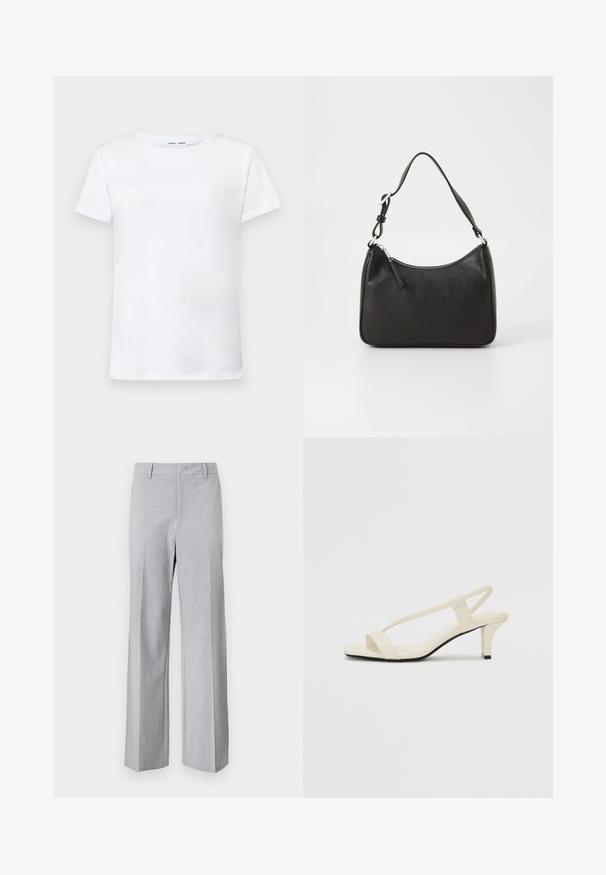 Hvit kortermet t-skjorte laget av bomull med rund hals-design. Glatt tekstur og rett snitt, uten mønstre eller detaljer.; Lyse grå bukser med en skreddersydd design, bred benform, glatt tekstur og frontfold. Ingen synlige lommer eller metalldetaljer.; Beige blokk-høydesandaler med tynne stropper og firkantet tå. Glatt materiale med minimale detaljer, designet for enkel bruk.; Svart lærveske med en buet form, en enkelt stropp, glidelåslukking og subtil merkevarebygging på forsiden. Glatt tekstur, minimalistisk design.