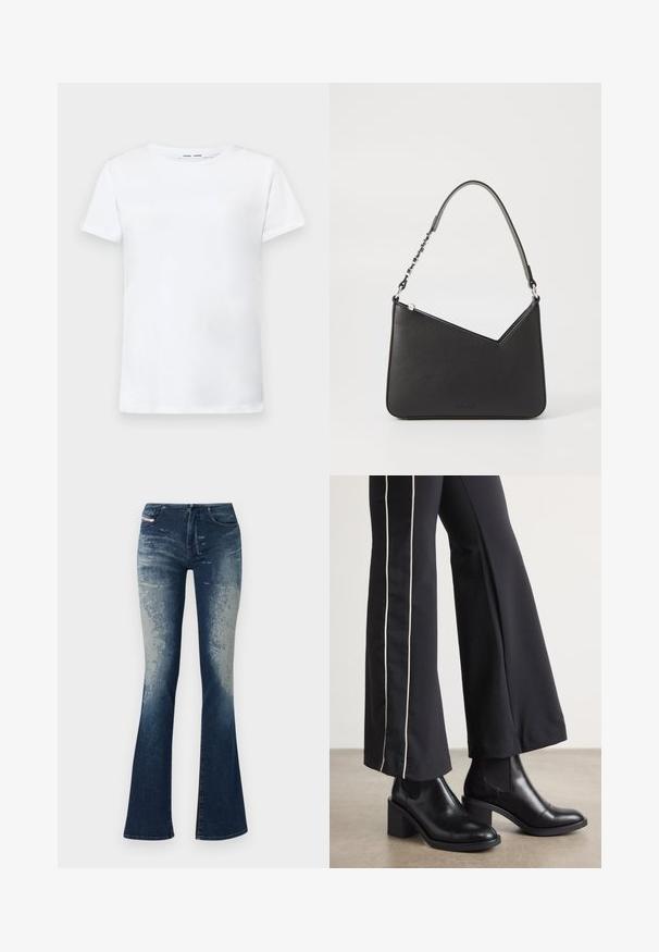 Λευκό κοντομάνικο μπλουζάκι φτιαγμένο από βαμβάκι με σχέδιο λαιμόκοψη. Λείος υφή και ίσια γραμμή, χωρίς μοτίβα ή αξεσουάρ.; Τζιν με φλόγωτη γραμμή, σε σκούρο μπλε χρώμα με ανοιχτόχρωμες φθορές, υφή στην επιφάνεια και φερμουάρ. Σχέδιο πέντε τσεπών με ετικέτα της μάρκας.; Μαύρες δερμάτινες μπότες μέχρι τον ασρό με τετράγωνη φτέρνα, που διαθέτουν ελαστικές πλάγιες ρίγες. Συνδυασμένες με μαύρο παντελόνι που έχει λευκή πλαϊνή ρίγα.; Μαύρη δερμάτινη τσάντα χειρός σε τριγωνικό σχήμα, με λεπτό λουράκι και ασημί αξεσουάρ. Διαθέτει φερμουάρ κλεισίματος και ανάγλυφο λογότυπο στην μπροστινή πλευρά.
