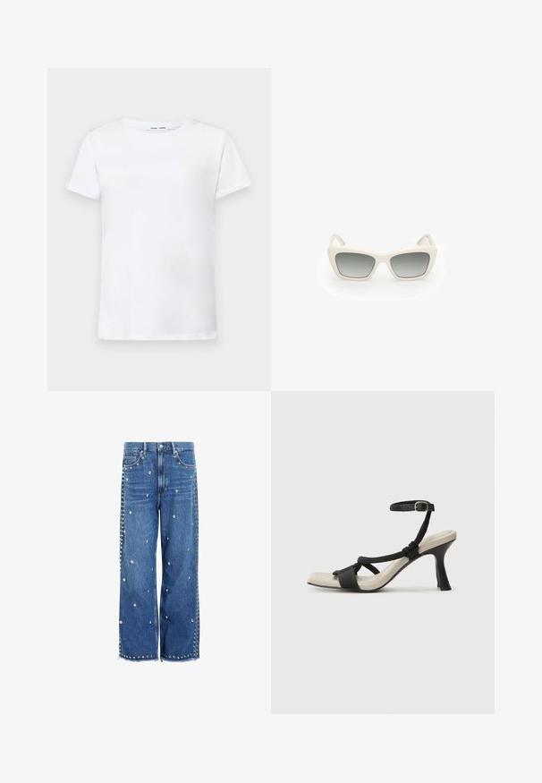 Camiseta blanca de manga corta hecha de algodón con diseño de cuello redondo. Textura suave y corte recto, sin patrones ni acentos.; Jeans de denim de pierna ancha en azul claro, con tachuelas plateadas dispersas por toda la prenda, costuras laterales adornadas con tachuelas y un dobladillo deshilachado.; Sanda¡ía de tacón negro con diseño de tira trenzada, punta cuadrada y correa ajustable en el tobillo. Plantilla de color beige claro con un tacón negro brillante.; Gafas de sol con un diseño de ojo de gato, con montura de plástico blanca, lentes de gradiente gris y varillas finas que presentan un sutil detalle de marca.