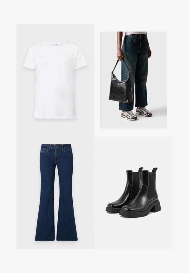 Balta īsām piedurknēm T-krekls, izgatavots no kokvilnas, ar apaļu kakla izgriezumu. Gluda tekstūra un taisna piegriezuma, bez rakstiem vai akcentiem.; Tumši zilie platā kāju džinsi, izgatavoti no denima, ar rāvējslēdzēja un divu pogu aizdari, priekšējām kabatām un izšuvumiem gar malām.; Melni ādas Čelsijas zābaki ar masīvu papēdi, elastīgām sānu panelēm un kontrastējošu balto šuvumu. Teksturēts apdare.; Melna ādas pleca soma ar gludu tekstūru un regulējamu siksnu, saskaņota ar izbalējušām platām biksēm un sportiskām kedām.