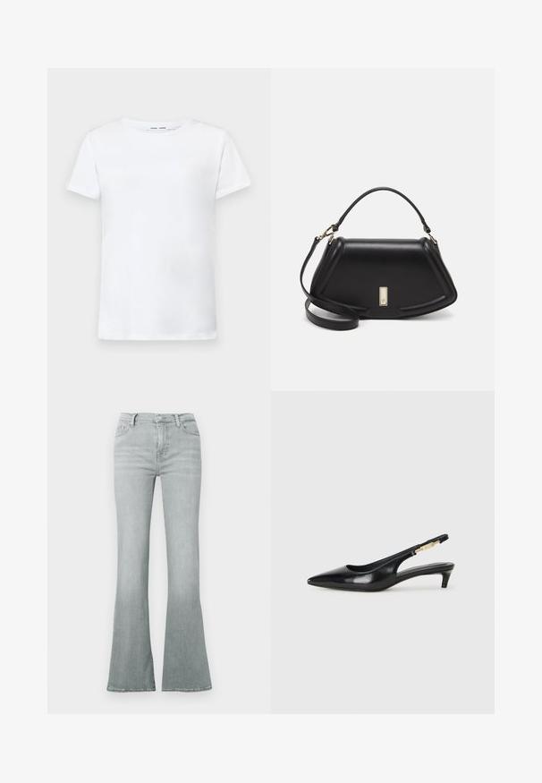 Camiseta blanca de manga corta hecha de algodón con diseño de cuello redondo. Textura suave y corte recto, sin patrones ni acentos.; Vaqueros acampanados de mezclilla en gris claro, con cintura alta, diseño de cinco bolsillos y una textura suave con sutiles decoloraciones.; Tacones negros de piel sintética tipo slingback con punta afilada, que cuentan con un tacón delgado y un detalle en tono dorado en la correa ajustable. Textura suave.; Bolso de mano de cuero negro con un diseño estructurado, que presenta una forma recortada, asa superior y acentos en dorado. Correa de hombro ajustable incluida.
