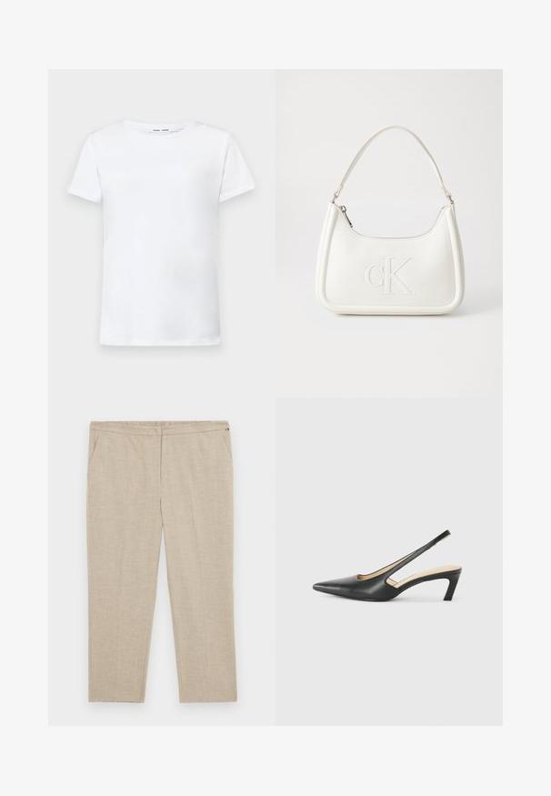 Hvit kortermet t-skjorte laget av bomull med rund hals-design. Glatt tekstur og rett snitt, uten mønstre eller detaljer.; Tommy Hilfiger Curve Bukse - classic beige; Svart spiss tå slingback-sko med lav hæl, laget av jevnt skinnmateriale og med utskåret design på siden for pusteevne.; Hvit lærveske med en buet fasong, med et preget "CK"-logo på forsiden og en enkel skulderstropp. Glidelåslukking på toppen.