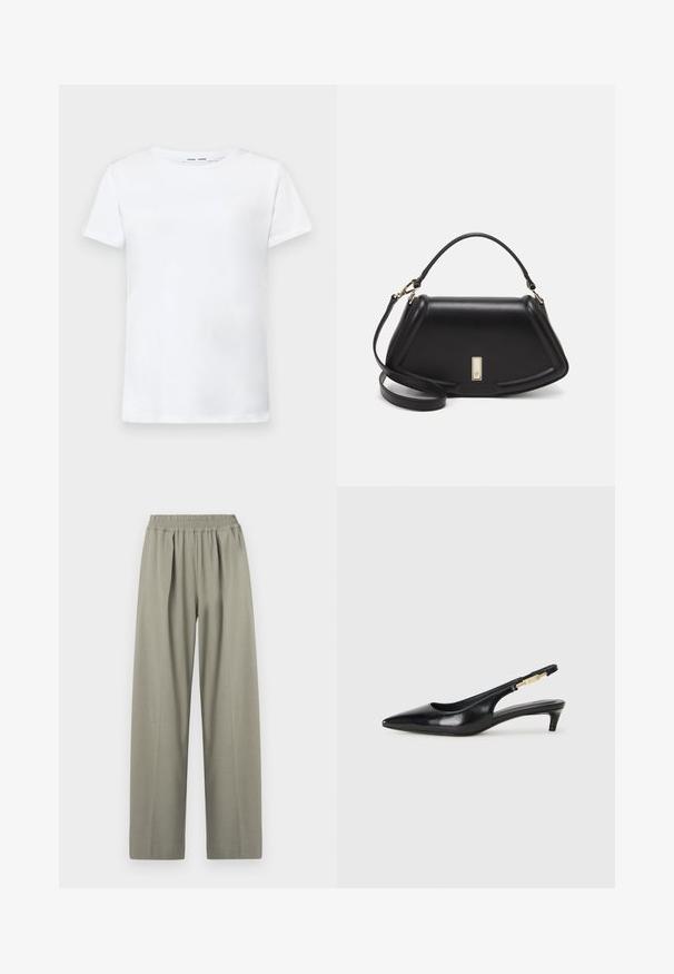 Camiseta blanca de manga corta hecha de algodón con diseño de cuello redondo. Textura suave y corte recto, sin patrones ni acentos.; Pantalones de pierna ancha de tiro alto en un tono gris claro, con cintura elástica y pliegues en la parte delantera.; Tacones negros de piel sintética tipo slingback con punta afilada, que cuentan con un tacón delgado y un detalle en tono dorado en la correa ajustable. Textura suave.; Bolso de mano de cuero negro con un diseño estructurado, que presenta una forma recortada, asa superior y acentos en dorado. Correa de hombro ajustable incluida.