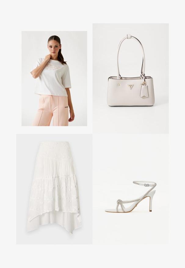Weißes, kurzes T-Shirt mit „GUESS“-Logo in Hellrosa, kombiniert mit Pfirsich-Sweatpants, die ein schwarzes Logo an der Seite haben. Glatte Baumwollstruktur.; Weißer, gestufter Rock mit floraler Stickerei. Verfügt über einen taillierten Bund und fließenden, geschichteten Stoff, der einen asymmetrischen Saum kreiert.; Weiße High-Heel-Sandale mit einem strukturierten Riemen, der mit Strasssteinen verziert ist, offener Zehenbereich und Knöchelriemen mit verstellbarer Schnalle.; Beige Handtasche aus Kunstleder mit glatter Textur, doppelten Schulterriemen, goldenen Beschlägen, Logo-Plakette und einem angehängten Etikett.