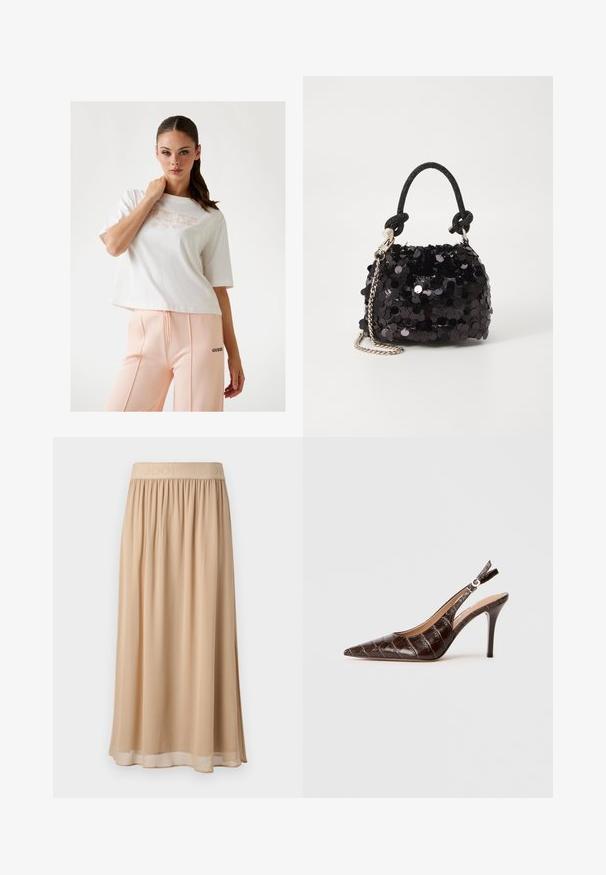 Vit cropped t-shirt med "GUESS"-logotyp i ljusrosa, kombinerad med persikofärgade sweatpants som har en svart logotyp på sidan. Slät bomullstextur.; Ljusbeige långkjol i mjukt tyg med resårmidja och präglat varumärke. Lättviktig med ett flödande mönster.; Brun, krokodilmönstrad läder slingback pumps med spetsig tå, öppna sidor och en tunn hög klack. Utformad med justerbart spänne.; Svart paljett mini-handväska med en knuten texturerad rem och silverkedja. Rund form med samlad topp och reflekterande detaljer.