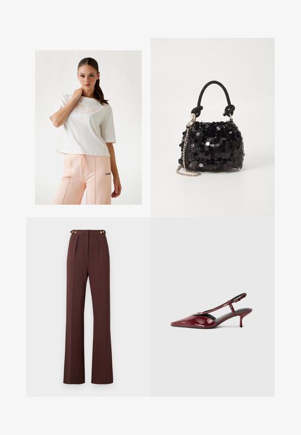 Baltas trumpas marškinėliai su „GUESS“ logotipu šviesiai rožinės spalvos, derinami su persikų spalvos šortais, kurie šone turi juodą logotipą. Lygus medvilnės audinys.; Aukštos juostos rudos plačios kelnės su priekinėmis klostėmis ir auksinėmis mygtukų detalėmis reguliuojamuose juosmeniuose.; Blizgus bordinio spalvos odinės, smailianosios nosies, mažo špillo slingback tipo bateliai su T-formos dirželiu ir sidabriniu užsegimu ant baltos fono.; Juodas blizgučių mini rankinukas su mazguotu tekstūruotu dirželiu ir sidabro grandine. Suapvalinta forma su susiraukšlėtopu ir atspindinčiomis detalėmis.