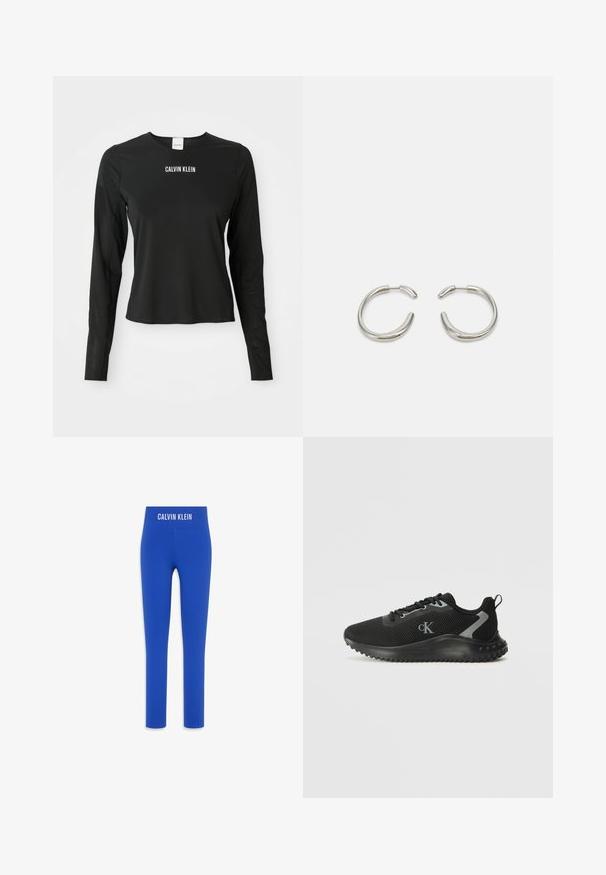 Svarte langermede mesh-top med rund hals, med hvit "CALVIN KLEIN" logo sentrert på brystet.; Blå tights med et glatt, elastisk stoff og en høy midje som har en hvit "CALVIN KLEIN"-logo på toppen.; Svart lavtoppaid sneakers med pustende mesh, snøret design, teksturert såle og "cK" logo på siden.; Sølv hoop øredobber med en glatt, avrundet design og en elegant, polert finish. Har en minimalistsk form med en liten åpning.