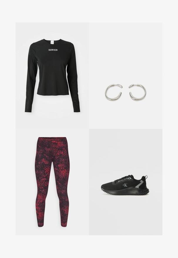 Juoda ilgos rankovės tinklinė palaidinė su apvalia iškirpte, su balta "CALVIN KLEIN" logo, esantį centriniame krūtinės srityje.; Juodos aukštai juosmens leginsai su raudona abstrakčia raštu. Pagaminti iš tamprios, lengvos medžiagos, pasižymi glotnia tekstūra ir prigludusia forma.; Juodas žemas sportinis kedas su kvėpuojančia tinkleliu, raištelių uždarymu, tekstūruotu padu ir "cK" logotipu šone.; Sidabrinės auskarai žiedai su lygiu, suapvalintu dizainu ir blizgiu paviršiumi. Turi minimalistišką formą su nedideliu atidarymu.