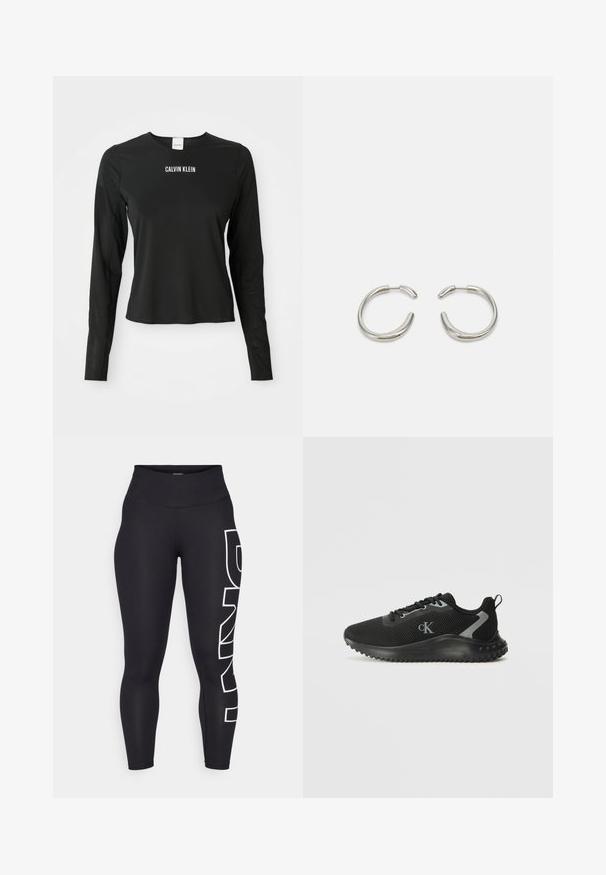 Top en mesh noir à manches longues avec col rond, arborant le logo blanc "CALVIN KLEIN" centré sur la poitrine.; Leggings noires en tissu extensible avec une taille haute. Présente un grand logo blanc imprimé verticalement sur la jambe gauche. Texture lisse.; Baskets de sport basses noires en maille respirante, avec un système de laçage, une semelle texturée, et le logo "cK" sur le côté.; Boucles d'oreilles en argent avec un design lisse et arrondi et une finition polie élégante. Présente une forme minimaliste avec une légère ouverture.