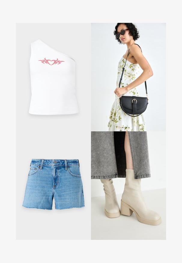 Asymmetrisch wit mouwloos shirt met een roze tribale hartontwerp op de borst; gemaakt van zachte, rekbare katoen.; Lichtblauwe denim shorts met een raw edge zoom, vijf-pocket ontwerp en messing knoopsluiting. Glad textuur met een lichte vervaging.; Call it Spring STEFFANIE - Enkellaarsjes met plateauzool - light grey; Zwarte leren handtas met een gebogen vorm, afneembare schouderband en gouden hardware. De tas heeft een klep met een gespsluiting.