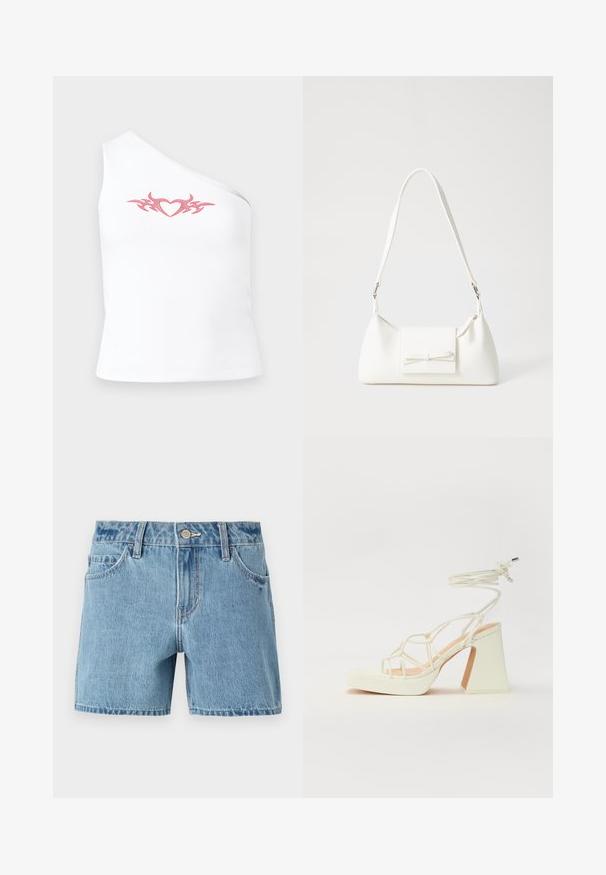 Top assimétrico branco sem mangas com um desenho tribal de coração rosa no peitoral; feito de um tecido de algodão macio e elástico.; Calções de ganga azul claro com corte reto, cinco bolsos, passadores para cinto e fecho com botão. Apresentam costuras discretas e uma textura suave.; Sandálias brancas de salto alto com um salto robusto, apresentando um design com tiras e amarração no tornozelo. Textura suave com uma plataforma na frente para altura adicional.; Mala sintética branca com formato triangular, aba frontal plana e detalhe de laço, alça ajustável, textura suave e design minimalista.