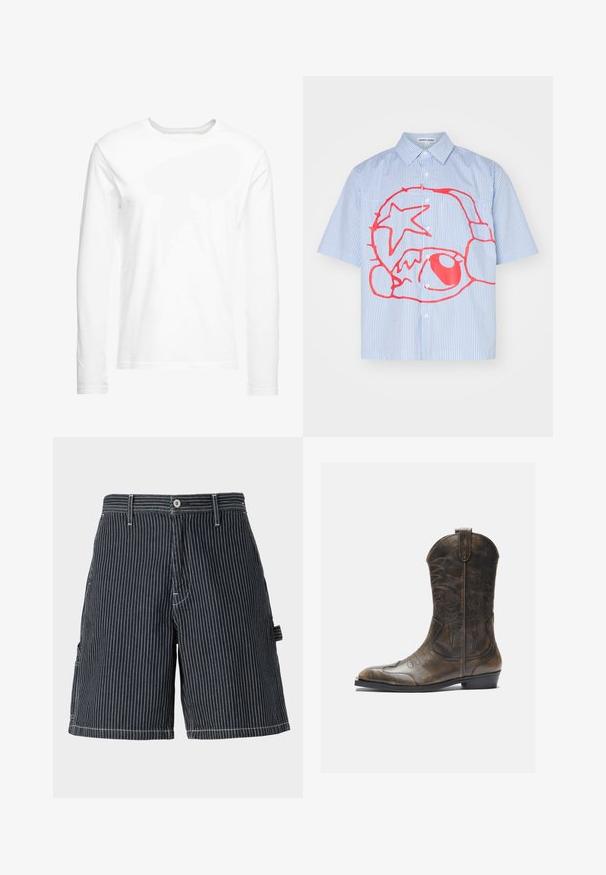 Langärmliges, weißes T-Shirt aus weicher Baumwolle. Rundhalsausschnitt mit geraden Saumabschlüssen und ohne sichtbare Muster oder Grafiken.; Kurzärmliges Hemd mit Knopfleiste in hellblauen und weißen Streifen, mit einem auffälligen roten grafischen Design, das einen Stern und kreisförmige Formen umfasst.; Marine gestreifte Shorts aus Baumwolle mit lockerer Passform, seitlichen Taschen, Gürtelschlaufen und kontrastierenden weißen Nähten.; Braune Leder-Cowboystiefel mit hohem Schaft, spitzem Zehenbereich, aufwendigen Stickmustern und kleinem Absatz. Strukturierte Oberflächenbeschaffenheit.