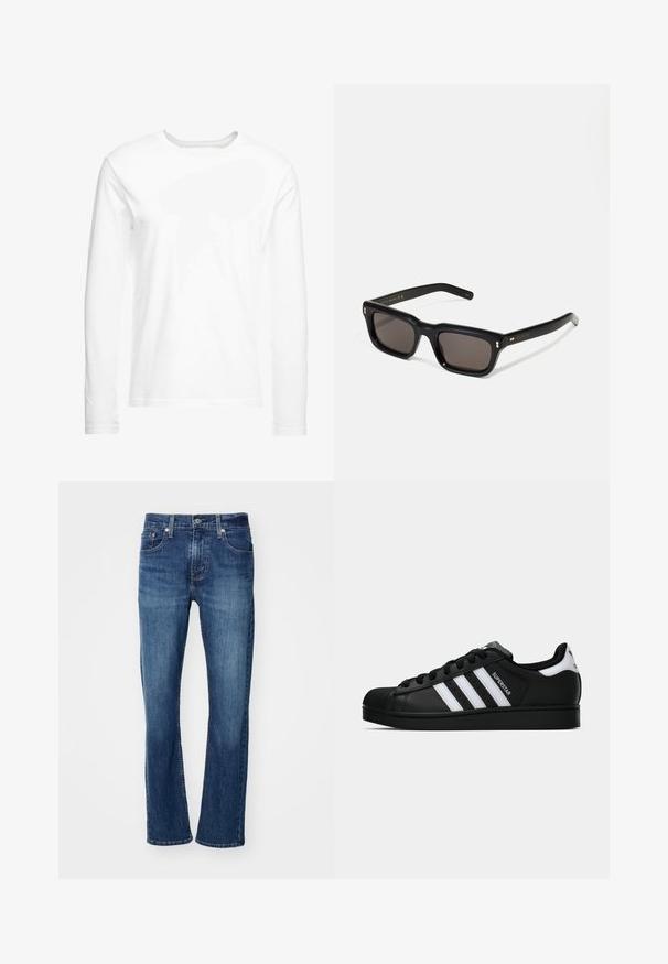 Ilga rankovė balta marškinė, pagaminti iš minkštos medvilnės. Apvalus iškirpimas, tiesūs kraštai ir jokių matomų raštų ar grafikų.; Levi's® 502™ TAPER - Siaurėjantys džinsai - records on; Juodos „Adidas Superstar“ sportbačiai su baltais dryžiais, šonine kriaukle ir „Superstar“ tekstu šone, rodomi šoniniame profilyje ant balto fono.; Juodos stačiakampės akinių nuo saulės su tamsiais objektyvais, storu plastiko rėmu, auksinėmis detalėmis ant šventyklų ir prekės ženklo logotipu išgraviruotu ant šono.