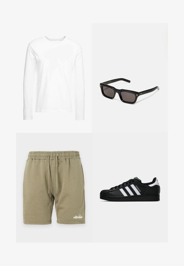 Long-sleeve white t-shirt made of soft cotton. Crew neckline with straight cut hems and no visible patterns or graphics.; Olive green sweat shorts made of soft cotton blend, featuring an elastic waistband with drawstring and a printed logo in the lower corner.; Black Adidas Superstar sneaker with white stripes, shell toe, and "Superstar" text on side, shown in side profile on white background.; Black rectangular sunglasses with dark lenses, thick plastic frame, gold accents on temples, and brand logo engraved on the arm.