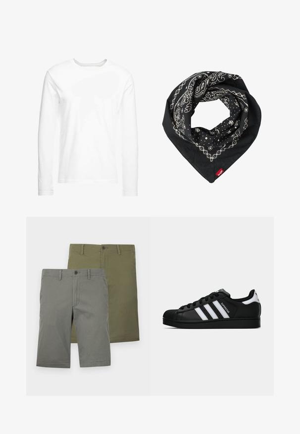 T-shirt de mangas longas, branca, feita de algodão suave. Gola redonda com bainhas cortadas a direito e sem padrões ou gráficos visíveis.; Um par de calções em verde e outra em oliva. Ambos têm uma textura suave, fechos de botão e um design de frente lisa. Sem padrões visíveis.; Sapatilha Adidas Superstar preta com riscas brancas, biqueira em concha e texto "Superstar" na lateral, apresentada em perfil lateral sobre fundo branco.; Levi's® PAISLEY BANDANA UNISEX - Lenço - regular black