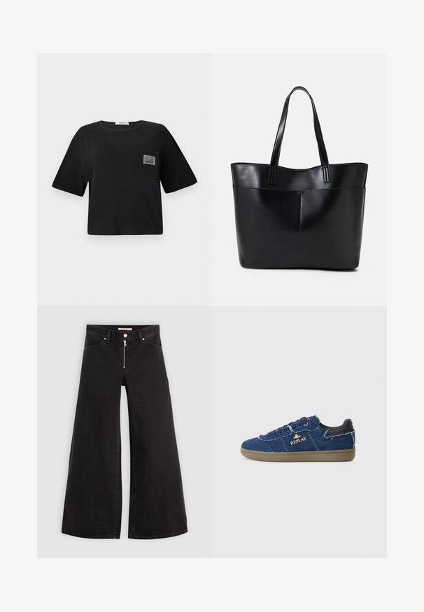 Čierne skrátené tričko vyrobené z bavlny, s okrúhlym výstrihom a krátkymi rukávmi. Obsahuje náprsné vrecko s označením "REPLAY".; Dlhé nohavice vo voľnom strihu z čierneho denimu so zipsom vpredu, päť vrecúškovým dizajnom a jemnými stehovými detailmi. Hladká textúra a neformálny štýl.; Replay PYPER - Tenisky - blue; Čierna kožená tote taška s dvoma dlhými rúčkami, hladkým povrchom a štruktúrovaným tvarom. Obsahuje prednú kapsu pre dodatočné uskladnenie.