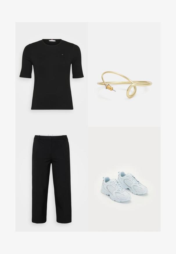 Black ribbed short-sleeve top featuring a round neckline and a small logo on the chest, set against a plain white background.; Black trousers with a straight cut, featuring a smooth texture, two side pockets, and a waistband with loops. No visible fastenings.; Light blue athletic shoes with a mesh and synthetic upper, featuring white polka dots and reflective accents, lace-up design, and cushioned soles.; Gold-colored metal bracelet with fluid, curvy design. Features a small, prominent, silver-colored accent at one end.