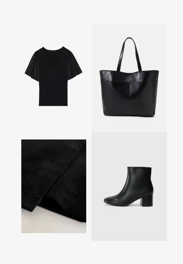 Black top featuring a V-neck and flutter sleeves made of sheer fabric. The main body is in a solid texture, with accentuated sleeve detailing.; Black corduroy fabric with a soft, textured surface, featuring visible ribbing and neatly hemmed edges.; Black leather ankle boots with a pointed toe and a chunky heel. Smooth texture with minimal accents and a sleek, fitted design.; Black leather tote bag with two long handles, a smooth texture, and a structured shape. Features a front pocket for additional storage.