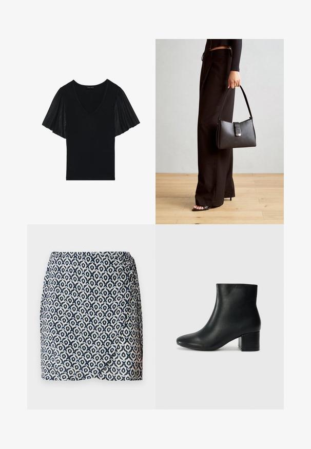 Schwarzes Oberteil mit V-Ausschnitt und schwingenden Ärmeln aus transparenter Stoff. Der Hauptkörper hat eine einheitliche Textur, während die Ärmel mit Details hervorgehoben sind.; Marineblau und weiß gemusterter Wickelrock mit geometrischen Formen, leichtem Stoff, tailliertem Bund und leichtem Fall am Saum.; Schwarze Leder-Ankle-Boots mit spitzem Zehenbereich und klobigem Absatz. Glatte Textur mit minimalen Akzenten und einem eleganten, taillierten Design.; Schwarze Handtasche mit strukturierter Form, glatter Textur und einem metallischen Verschluss. Kombiniert mit weiten schwarzen Hosen und offenen Sandalen auf einem Holzboden.