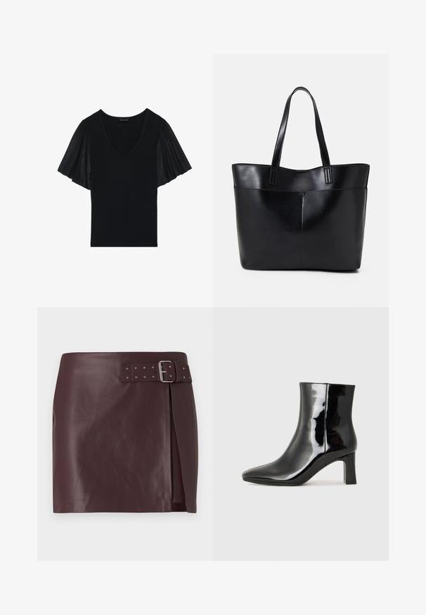 Top nero con scollo a V e maniche a svolazzo realizzate in tessuto trasparente. Il corpo principale è in un tessuto solido, con dettagli accentuati sulle maniche.; Gonna in eco-pelle bordeaux con vita alta e cintura con fibbia metallica, caratterizzata da uno spacco laterale e una texture liscia e lucida.; Stivaletto in pelle verniciata nera con punta a punta e tacco a blocco di altezza media. Texture liscia e design minimalista.; Borsa a tracolla in pelle nera con due manici lunghi, una texture liscia e una forma strutturata. Presenta una tasca frontale per ulteriore spazio di archiviazione.