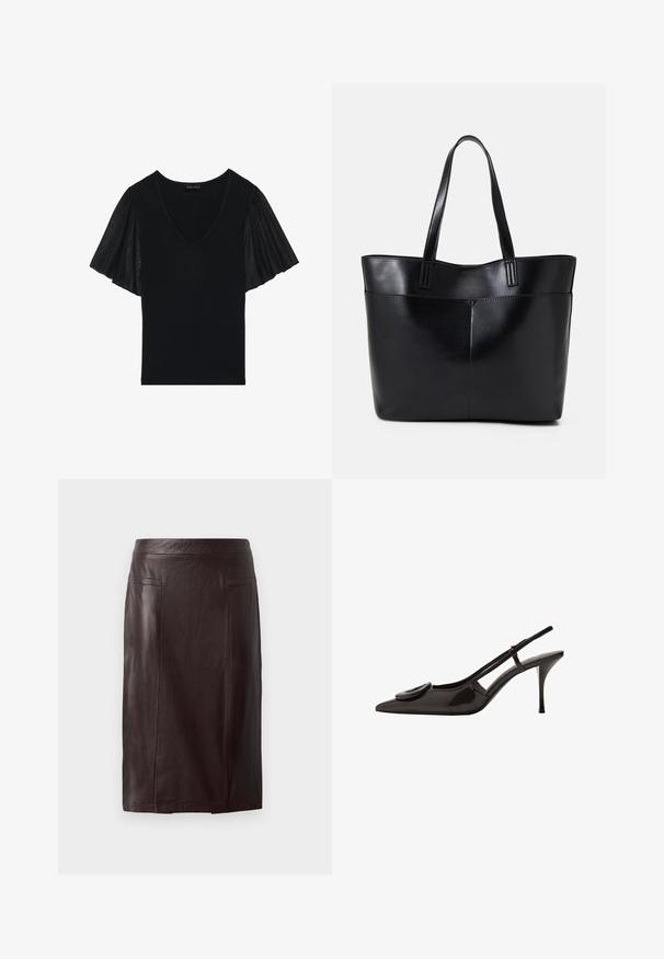 Schwarzes Oberteil mit V-Ausschnitt und schwingenden Ärmeln aus transparenter Stoff. Der Hauptkörper hat eine einheitliche Textur, während die Ärmel mit Details hervorgehoben sind.; Brauner Leder-Bleistiftrock mit glatter Textur, hoher Taille, zwei Fronttaschen und knielanger Schnittform.; Schwarzer Lackleder-Slingback-Schuh mit spitzem Zehenbereich, minimalistischem Design, kleinem kreisförmigem Akzent auf dem Schuhoberteil und schlankem Absatz.; Schwarze Leder-Shopper-Tasche mit zwei langen Griffen, einer glatten Textur und einer strukturierten Form. Verfügt über eine Vordertasche für zusätzlichen Stauraum.