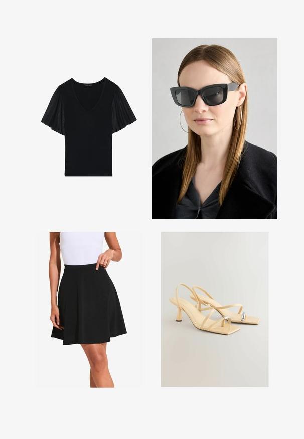 Sort top med V-udskæring og lette ærmer lavet af gennemsigtig stof. Hoveddelen har en ensfarvet kvalitet, med fremhævede detaljer på ærmerne.; Sort flagrende nederdel lavet af blødt stof med en glat tekstur og bred talje, med bløde plisseringer og knælangt snit.; Beige hælede sandaler med firkantet tå, tynde stropper og en metallisk detalje på tåen. Høj blokhæl for stabilitet.; Sorte katteøje solbriller med mørke linser, tykke rammer og subtile detaljer. Båret med en sort frakke og en grå bluse, med langt, glat hår.; Sort tote bag lavet af syntetisk materiale, med et enkelt rektangulært design, gyldne firkantede detaljer og dobbelt håndtag.; Sort tote bag lavet af syntetisk materiale, med et enkelt rektangulært design, gyldne firkantede detaljer og dobbelt håndtag.