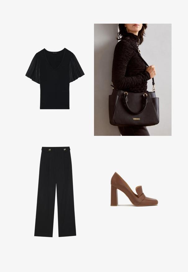 Musta paita, jossa on V-pääntie ja leijaavilla hihoilla, valmistettu läpikuultavasta kankaasta. Pään osa on yksivärinen, ja hihojen yksityiskohdat on korostettu.; Mustat leveälahkeiset housut, joissa on korkea vyötärö, napit vyötärönauhassa ja etupuolella laskokset.; Ruske kožne cipele na visokom petu sa kvadratnim prstom i širokom trakom na prednjem delu. Petu je kvadratnog oblika i čvrsta.; Musta käsilaukku, jossa on teksturoitu pinta, kaksi yläkantta ja säädettävä olkahihna. Varustettu kultasävyisillä varusteilla ja sivutaskuilla.