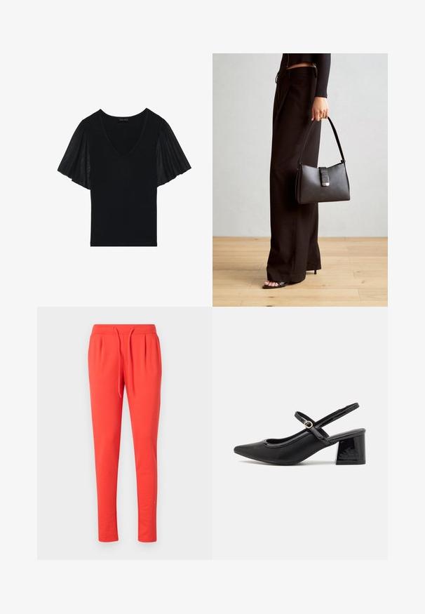 Zwarte top met een V-hals en fladdermouwen van doorschijnend materiaal. Het hoofdgedeelte heeft een effen textuur, met accentueerde mouwdetails.; Rode joggingsbroek gemaakt van zachte stof met een elastische tailleband en een verstelbaar trekkoord. Heeft een taps toelopend ontwerp.; Zwarte gepolijste leren slingback hakken met een spitse neus, een ronde uitsnede en een blokhak. Voorzien van een gouden gespaccent.; Zwarte handtas met gestructureerde vorm, gladde textuur en een metalen sluiting. Gecombineerd met brede zwarte broeken en sandalen met open teen op een houten vloer.