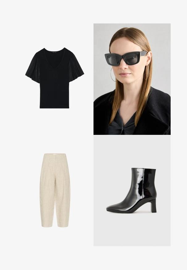 Černý top s V-výstřihem a lehkými rukávy vyrobený z průhledné látky. Hlavní část je v jednolité textuře, s důrazem na detail rukávů.; Bežové lněné kalhoty s volným střihem, s sklady v pase, zkrácenou délkou a texturovanou tkaninou.; Černé lakované kotníkové boty s špičatou špičkou a středně vysokým blokovým podpatkem. Hladká textura a minimalistický design.; Černé sluneční brýle ve stylu kočičího oka s tmavými skly, silnými rámy a jemnými detaily. Nosené s černým kabátem a šedým topem, s dlouhými rovnými vlasy.