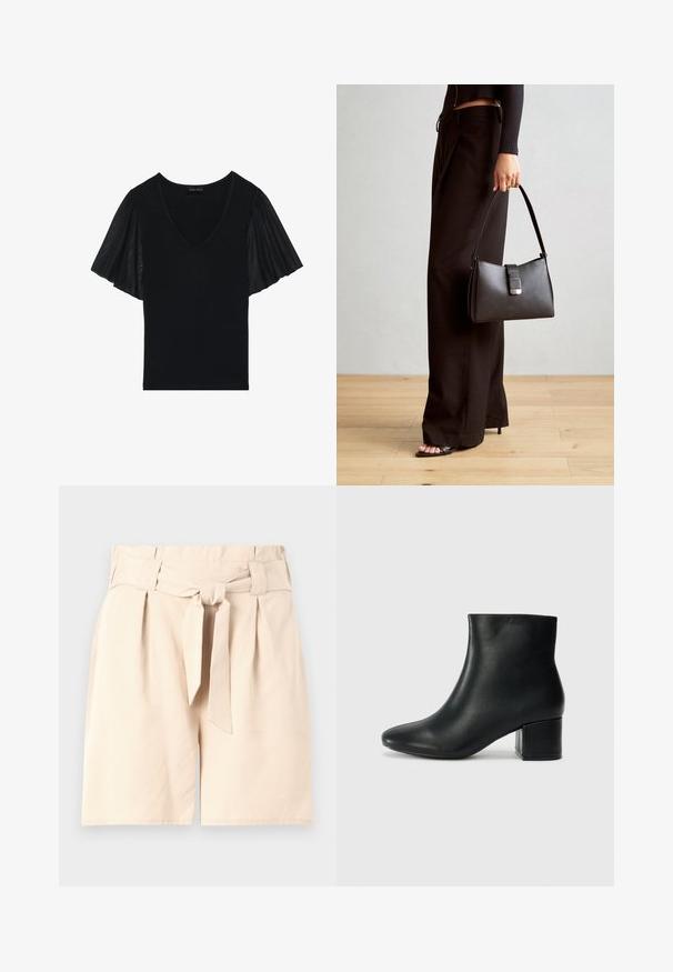 Črn top z V-izrezom in flitrastimi rokavi, izdelan iz prosojnega materiala. Glavni del je v enotni teksturi, z izpostavljenim detajlom rokavov.; Bež kratke hlače z visokim pasom, sprednjim vezanjem, nabranim dizajnom in gladkim teksturnim materialom. Čista, natančno krojena oblika brez vidnih vzorcev.; Črne usnjene gležnjarje s koničastim nosom in debelim peto. Gladka tekstura z minimalnimi detajli in eleganten, prilegajoč dizajn.; Črna torbica z strukturirano obliko, gladko teksturo in kovinskim zaponko. Ujemajo se z širokimi črnimi hlačami in odprtimi sandali na lesenem tleh.