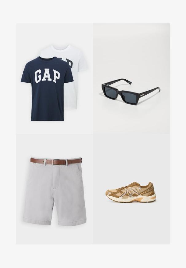 Två t-shirts från GAP; en marinblå med vitt "GAP"-logotyp, den andra vit med mörkgrön "GAP"-logotyp. Gjorda av bomull, med rundad halsringning.; Jeansskjorta, ljusblå, långa ärmar, knäppt framtill, krage, en bröstficka, rak nederkant, subtil struktur, avslappnad design.; Ljust grå shorts gjorda av en bomullsblandning, med ett brunt läderbälte, sidofickor och en avslappnad passform.; Ljusbrun atletisk sko med ett mesh-överdel, syntetiska overlay och en dämpad sula. Har en reflektiv sidologotyp och snörningssystem.; Svarta fyrkantiga solglasögon med mörka linser, med tjocka plastbågar och en metallisk detalj på bågarna. Platt design och slät yta.; Mörkbrun mocka duffelväska med läderhandtag och justerbar axelrem, med dragkedjestängning upptill.