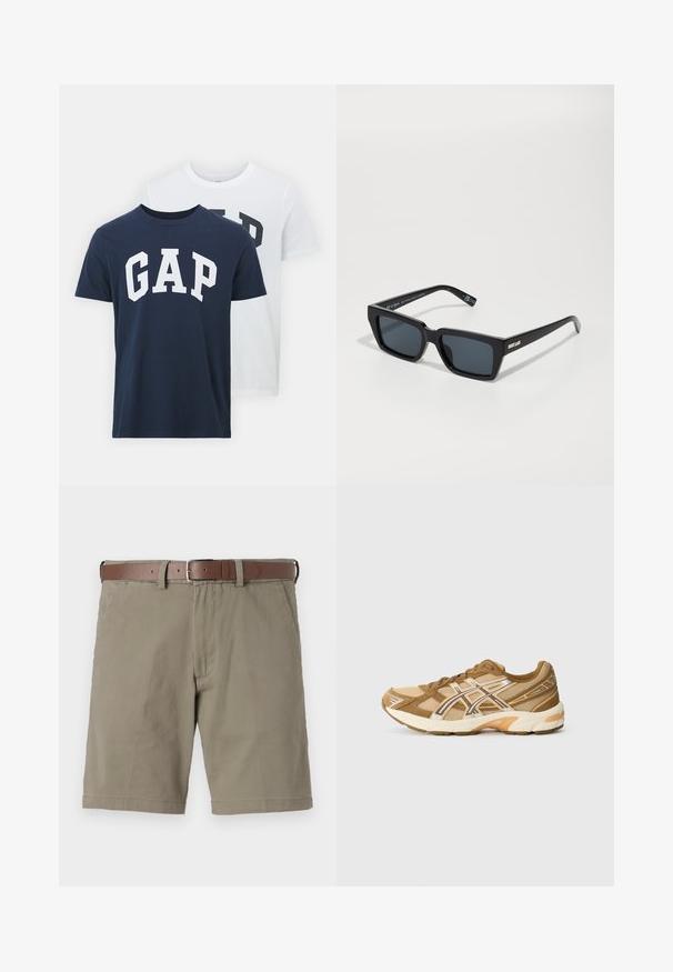Dos camisetas de GAP; una azul marino con el logo blanco de "GAP", la otra blanca con el logo verde oscuro de "GAP". Hechas de algodón, diseño de cuello redondo.; Camisa de mezclilla, color azul claro, de manga larga, con botones en el frente, cuello, un solo bolsillo en el pecho, dobladillo recto, textura sutil, diseño casual.; Pantalones cortos beige con un corte relajado, fabricados en tejido de algodón. Presentan un cinturón de cuero marrón, bolsillos frontales y un acabado de dobladillo limpio.; Zapatilla deportiva de color marrón claro con parte superior de malla, superposiciones sintéticas y suela acolchada. Cuenta con un logo lateral reflectante y un sistema de cordones.; Gafas de sol negras cuadradas con lentes oscuros, que presentan montura de plástico grueso y un acento metálico en las patillas. Diseño plano y textura suave.; Bolso de viaje de ante marrón oscuro con asas de cuero y una correa de hombro ajustable, que cuenta con un cierre superior de cremallera.