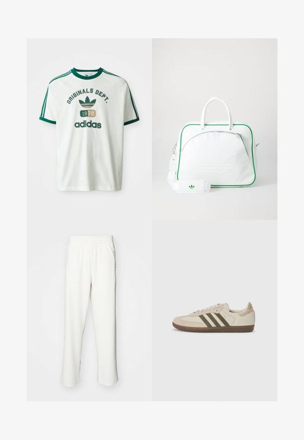 T-shirt branca de manga curta com detalhes verdes, apresentando os gráficos "ORIGINALS DEPT." e "adidas", e um logótipo de estilo vintage de 1972.; Calças brancas com um padrão texturizado, apresentando um cós elástico e corte reto. Material suave, leve, adequado para uso casual.; adidas Originals SAMBA OG UNISEX - Sapatilhas - alumina/medium dark khaki/gum; Bolsa de couro branca com detalhes em verde, apresentando um logotipo em relevo proeminente, duas alças, uma alça destacável e um bolso frontal com fecho éclair.